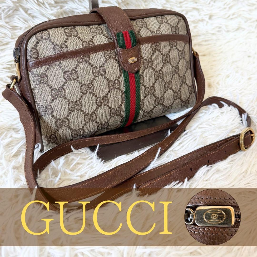 Gucci GG Hardware Leather Shoulder Bag Sherry Line Brown Vintage Japan 078217