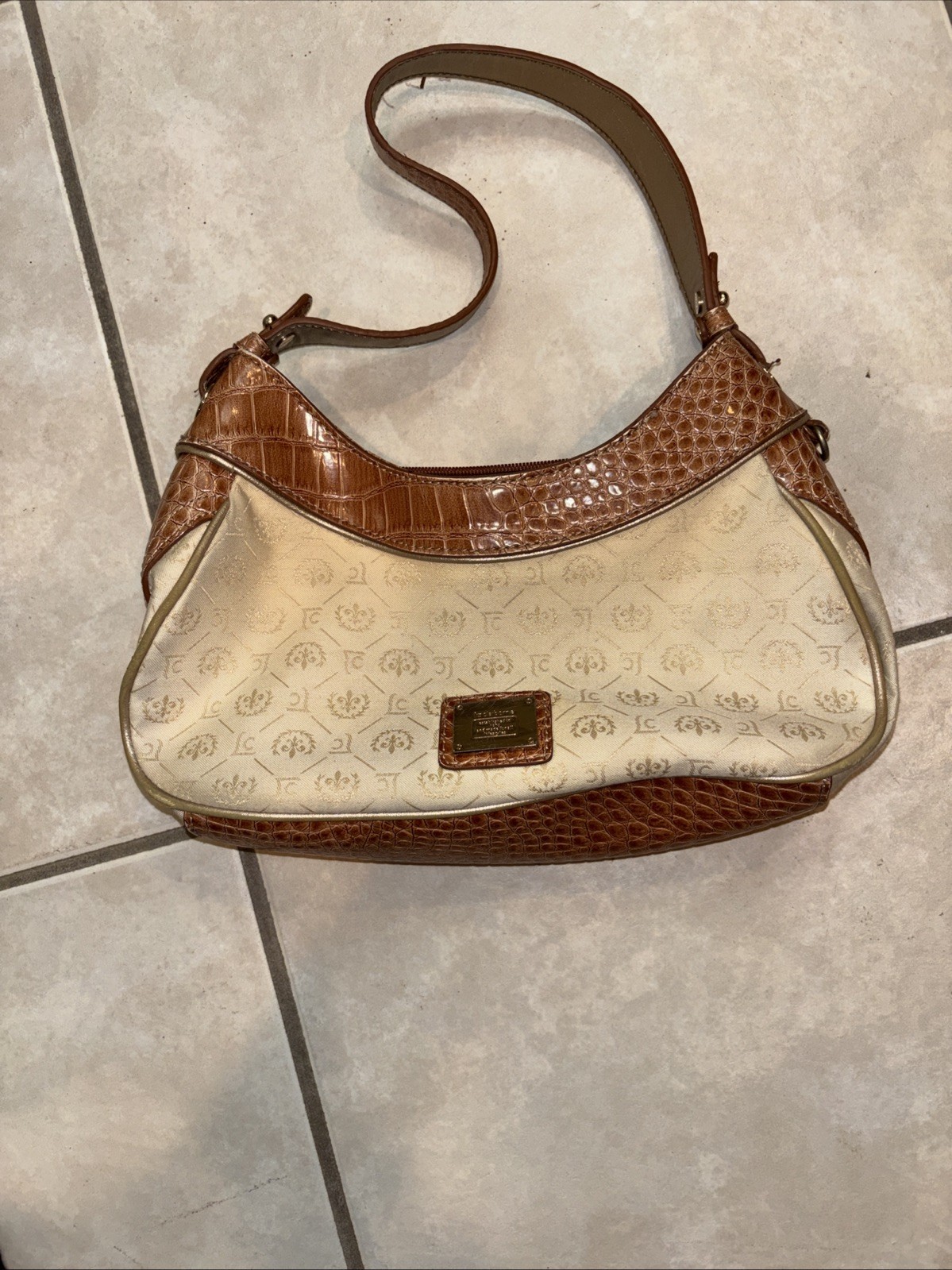 Liz Claiborne Signature Fabric & Faux Leather Shoulder Bag Cream And Brown Purse