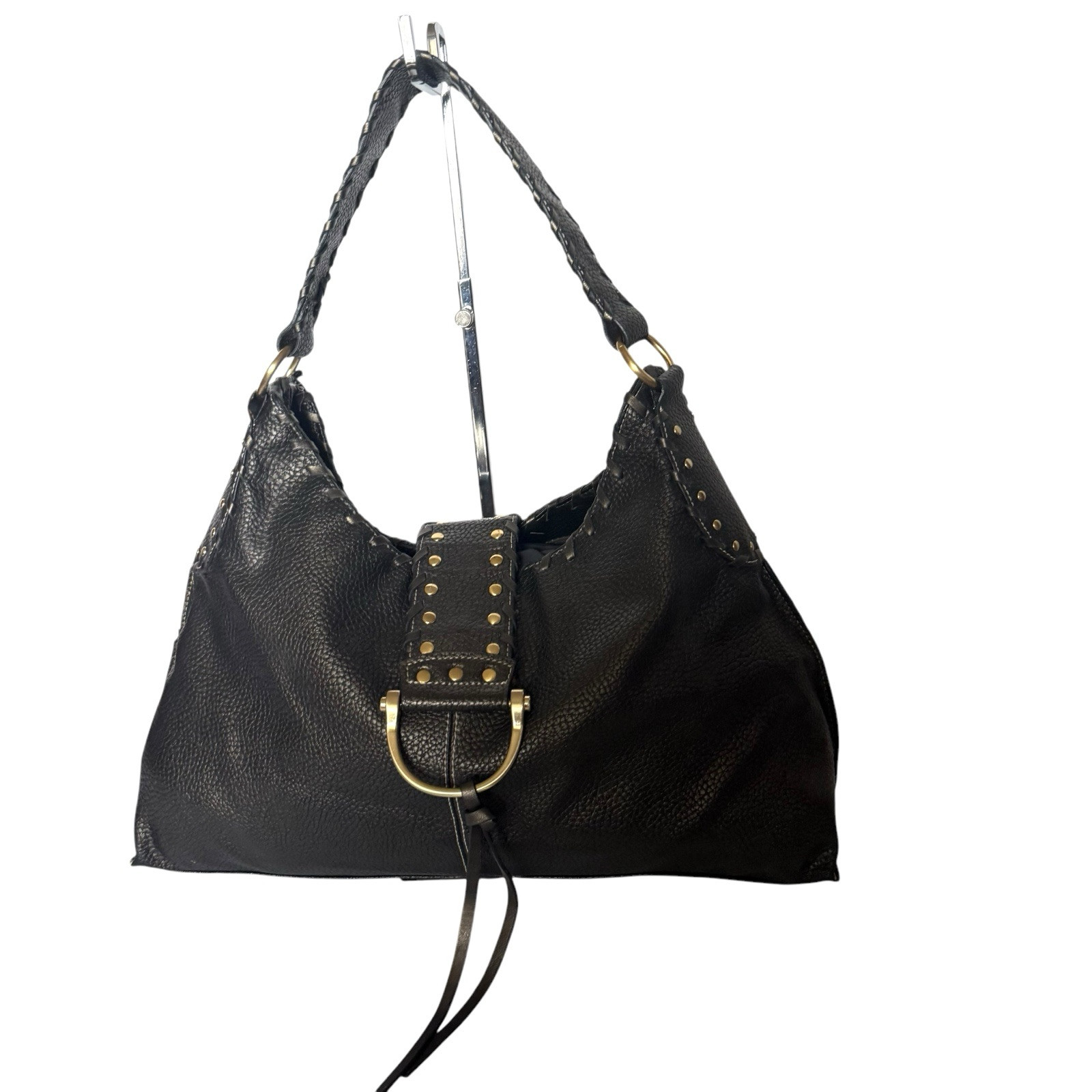 Leather Studded Hobo Shoulder Bag Dark Gray