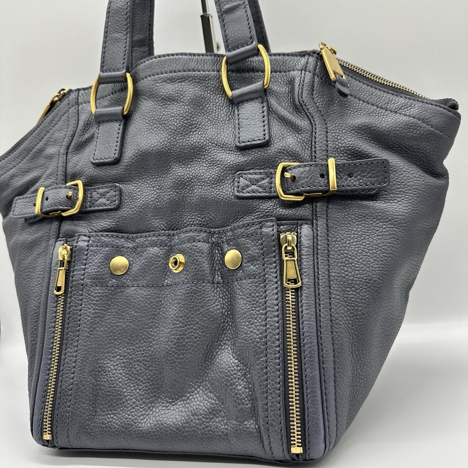 Yves Saint Laurent Rive Gauche Downtown Tote Shoulder Bag YSL Navy Leather Auth!