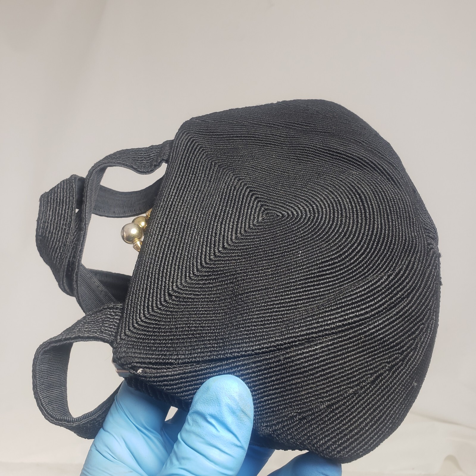 Small Black Corde Hand Bag Snap Closure 1 Zip Interior Pocket 1 Open Used Worn