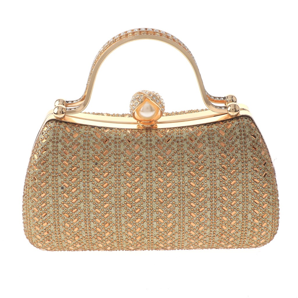 Gold Tone Metal Frame Crystal Rhinestone Fashion Clutch Evening Bag TLX218-GLD