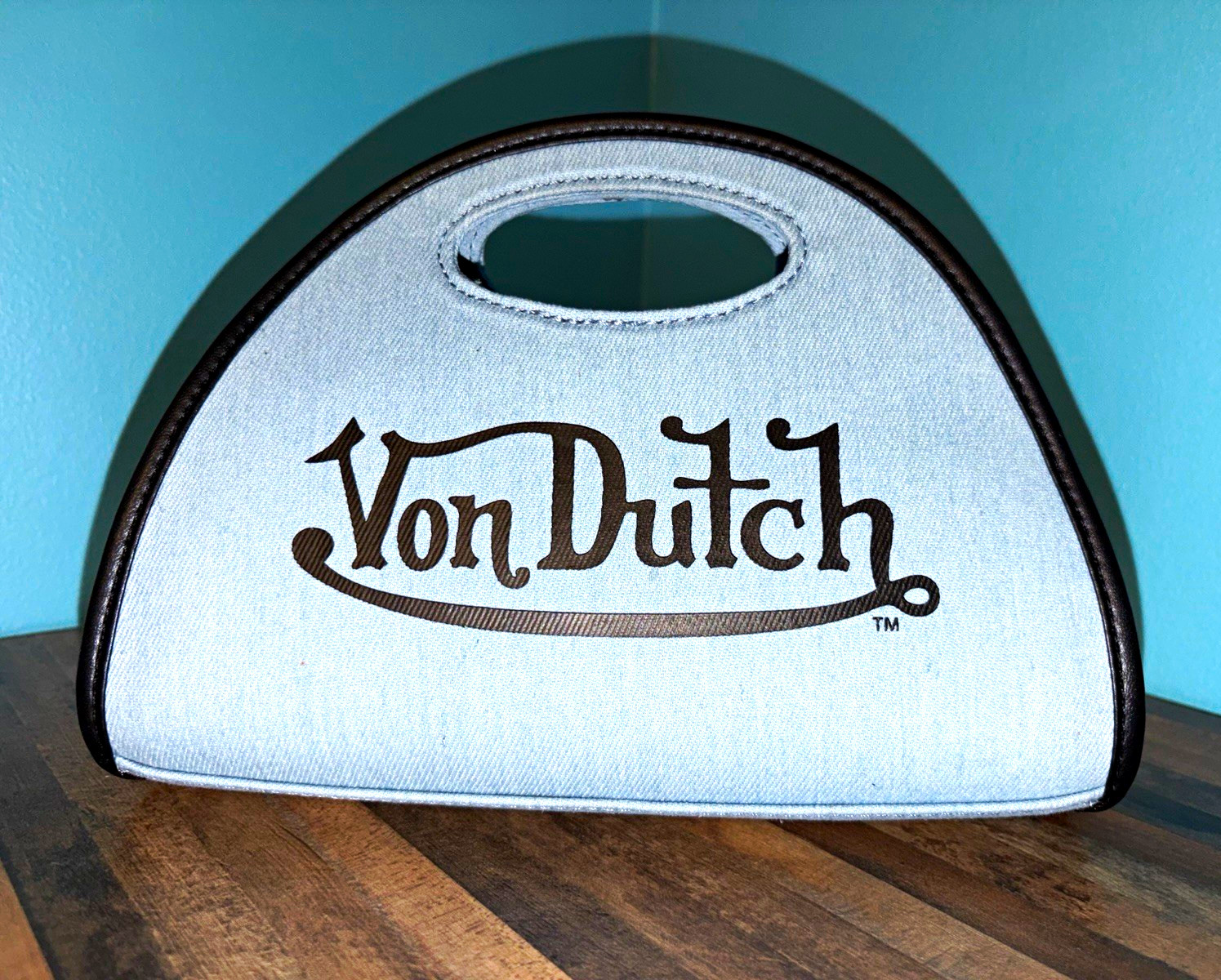 Unreleased!! New Von Dutch Denim Logo Semi-Circle Bag Silver Zip Lined