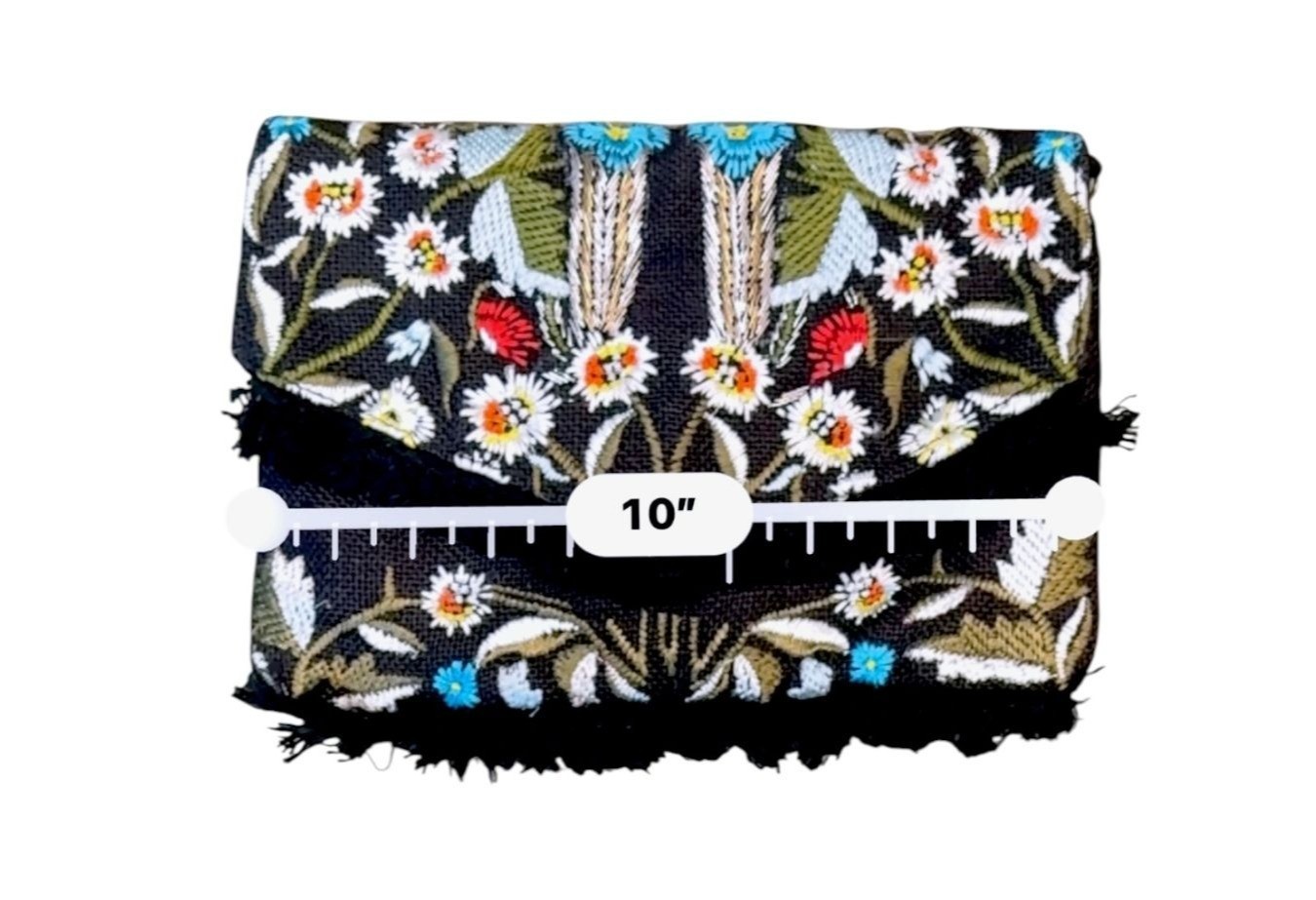 Sam Edelman Cait Flap Clutch Floral Embroidered Black Chain Strap Frayed Detail