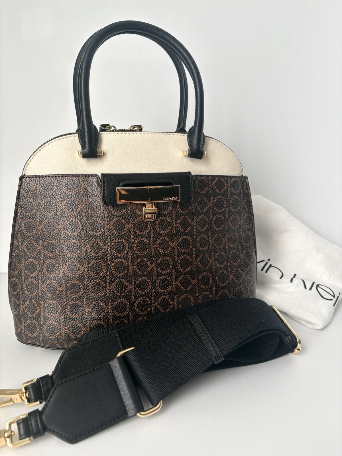 Calvin Klein Becky Dome Organizational Satchel Brown/Khaki/Black/White New
