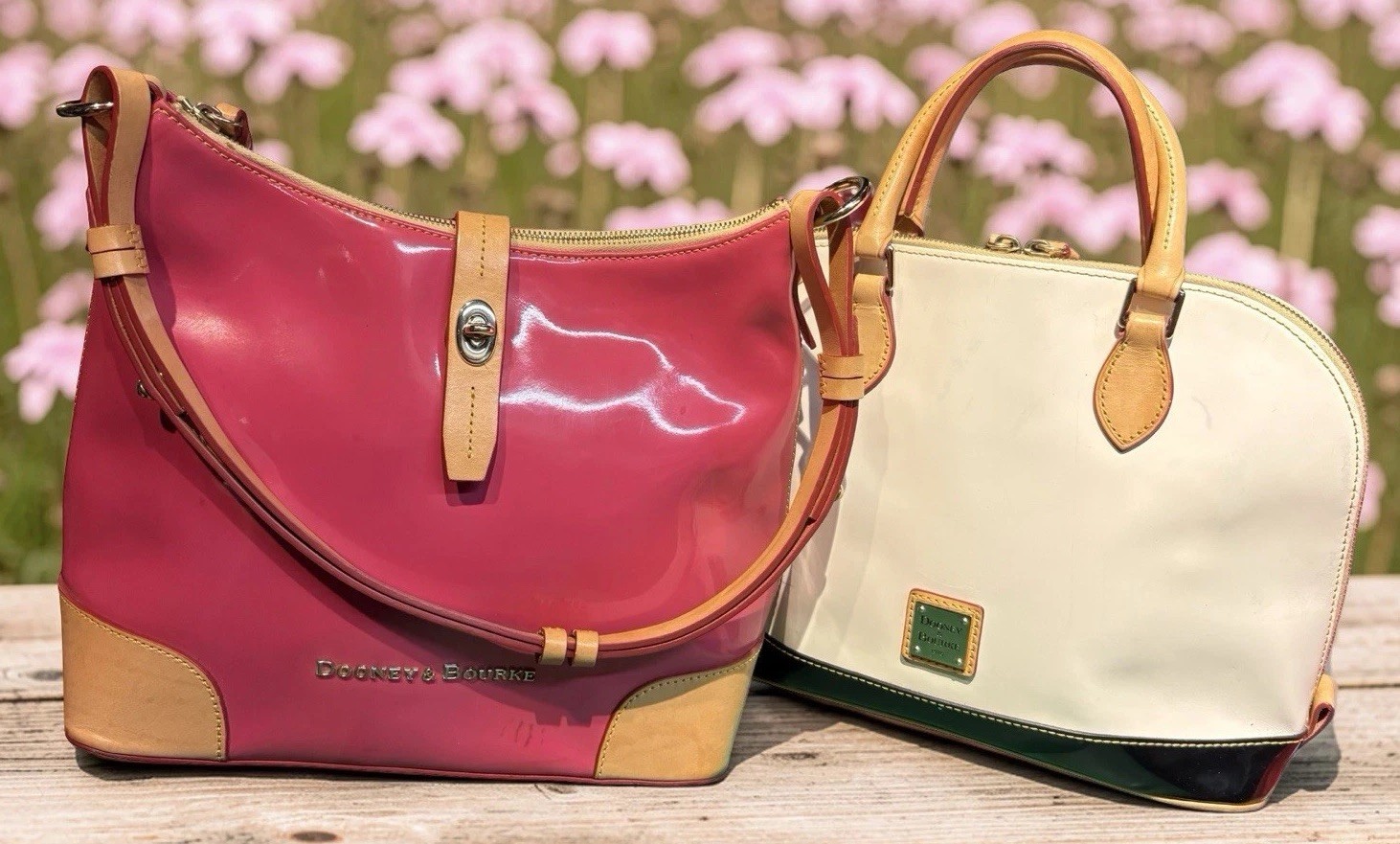 Dooney Bourke Bundle Pink Black White Patent Vacchetta Leather Satchel Hobo Bag