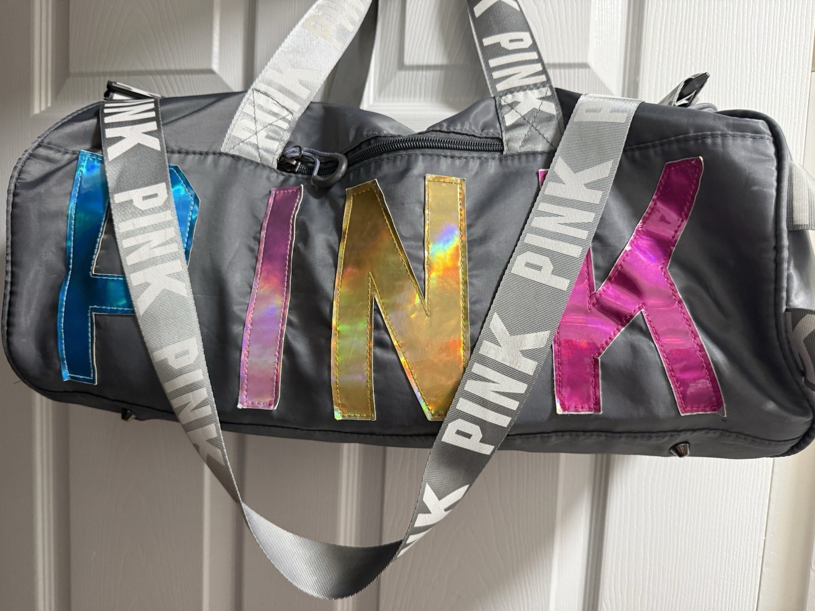 VS pink duffle/gym bag Metallic Holographic Letters, Gray With Blue Pink Yellow