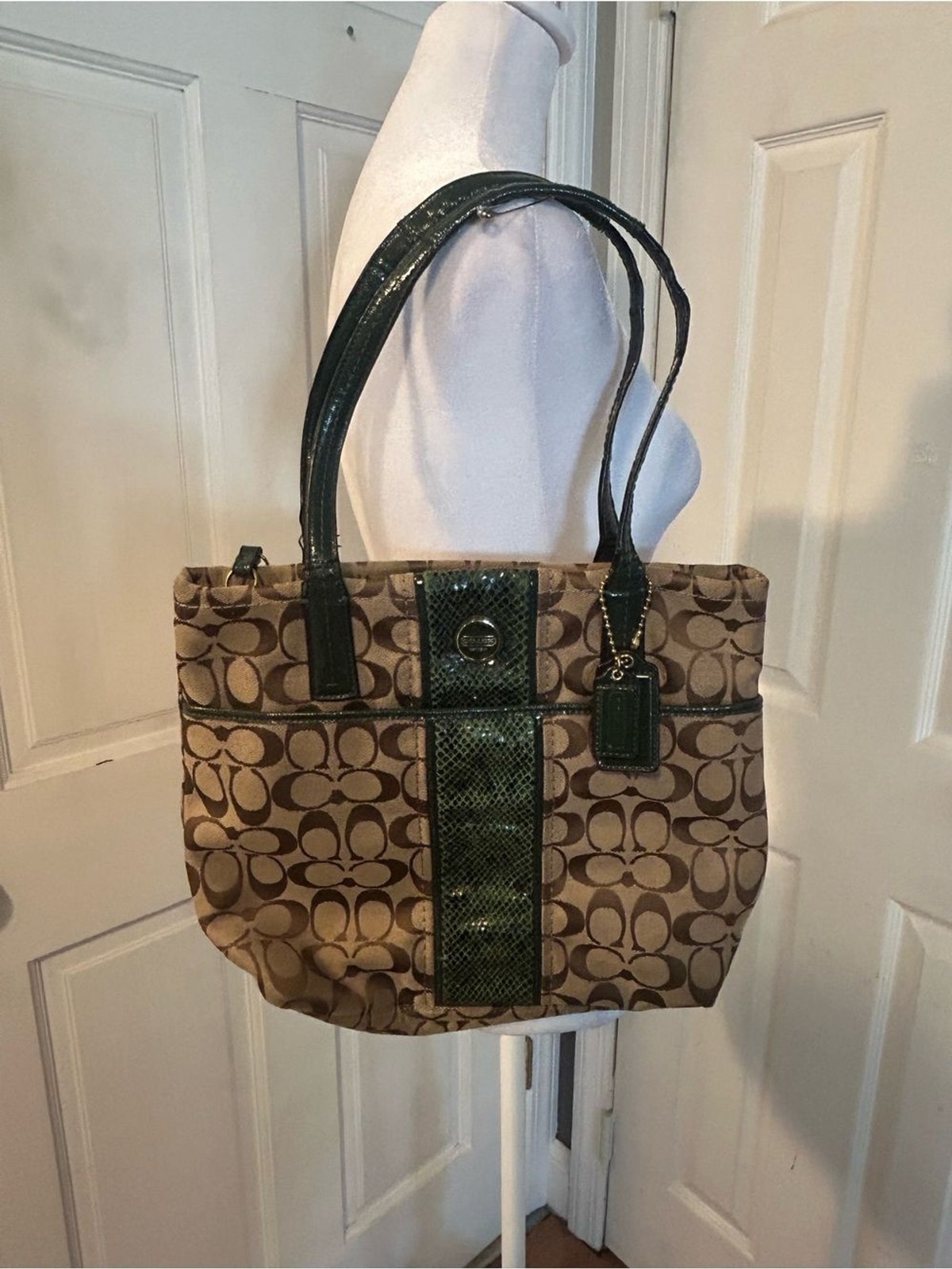Coach Tan Signature Canvas Tote with Green Snakeskin Trim
