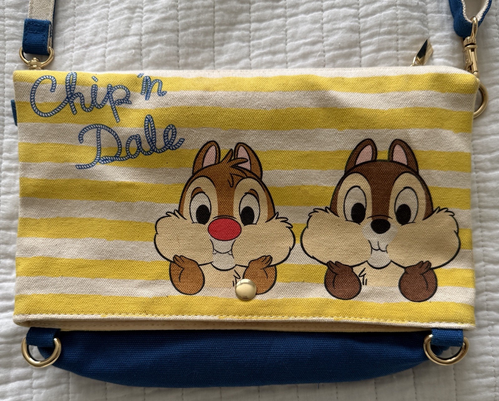 Disney Store Chip n Dale Crossbody Canvas Yellow Blue Stripe Convertible Purse