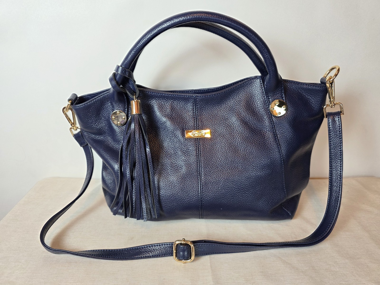 Onna Ehrlich Navy Blue L Satchel Crossbody Pebbled Leather Handbag Classic EUC