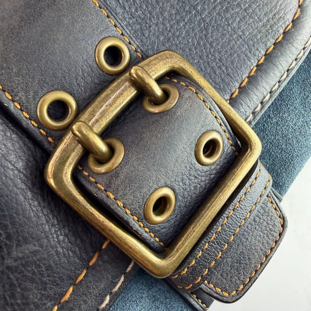 Coach Soho Signature Blue Brown Canvas Suede Buckle Shoulder Bag 7061 Y2K