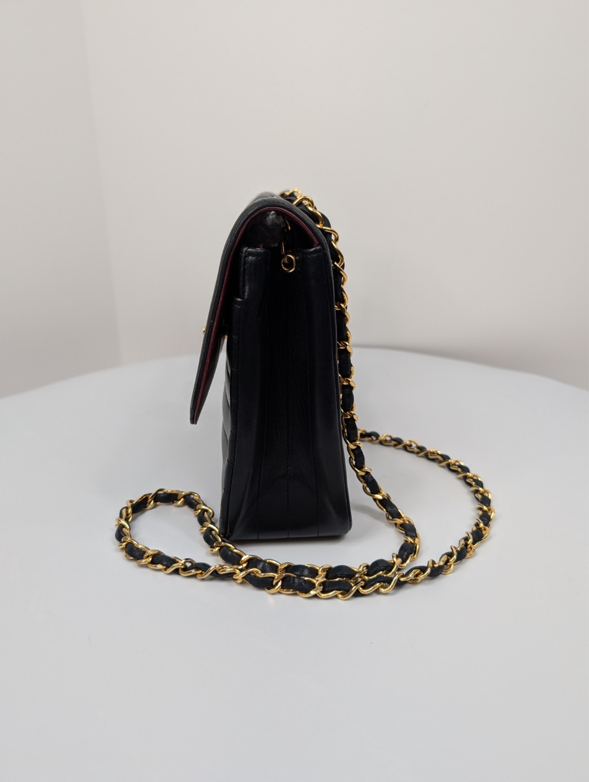 Chanel Vintage Black Vertical Stitch Flap Bag with Circle 24K Gold CC Turn-Lock