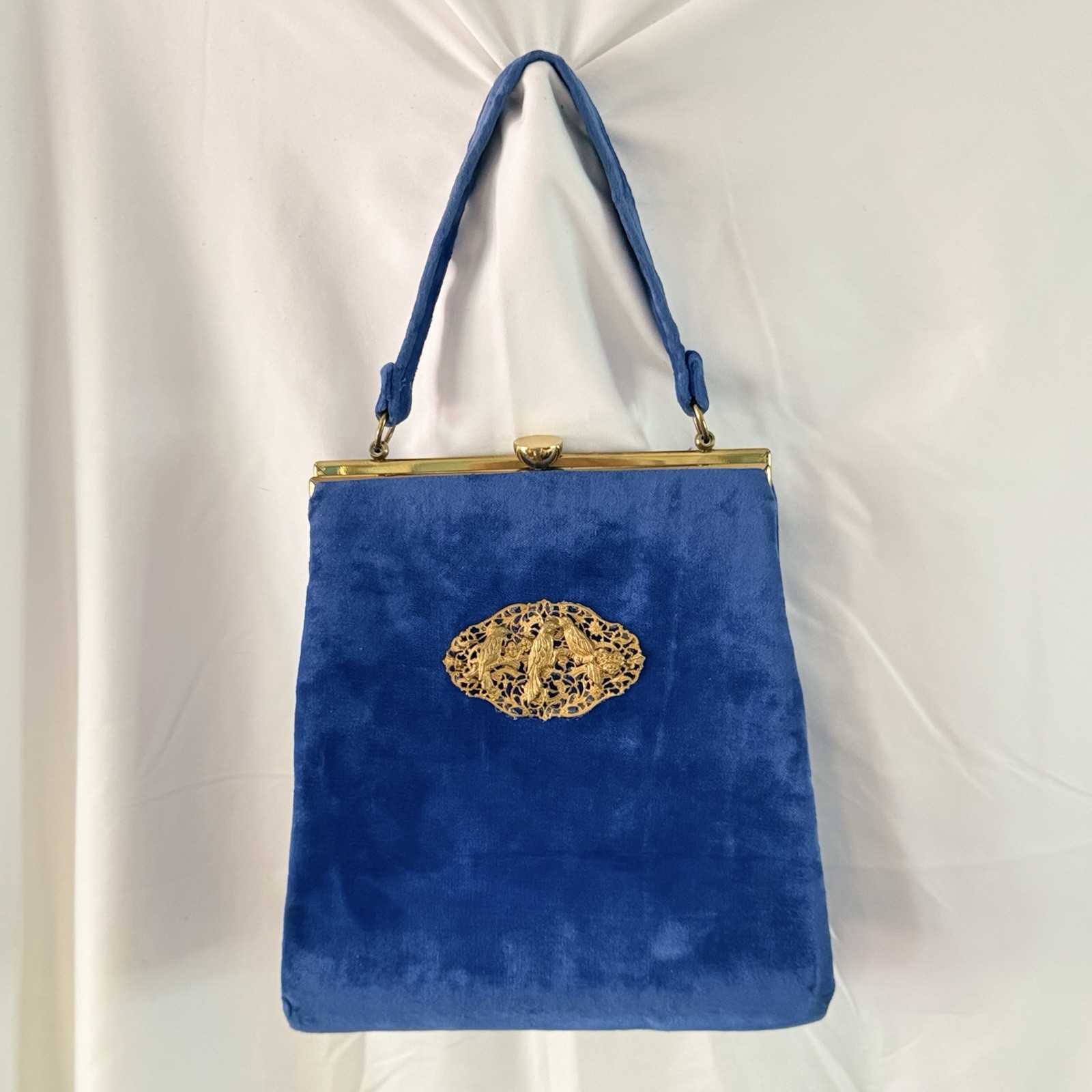 Upcycled Vtg 1960s Edwardian Style Royal Blue Velvet Handbag Gold Bird Brooch