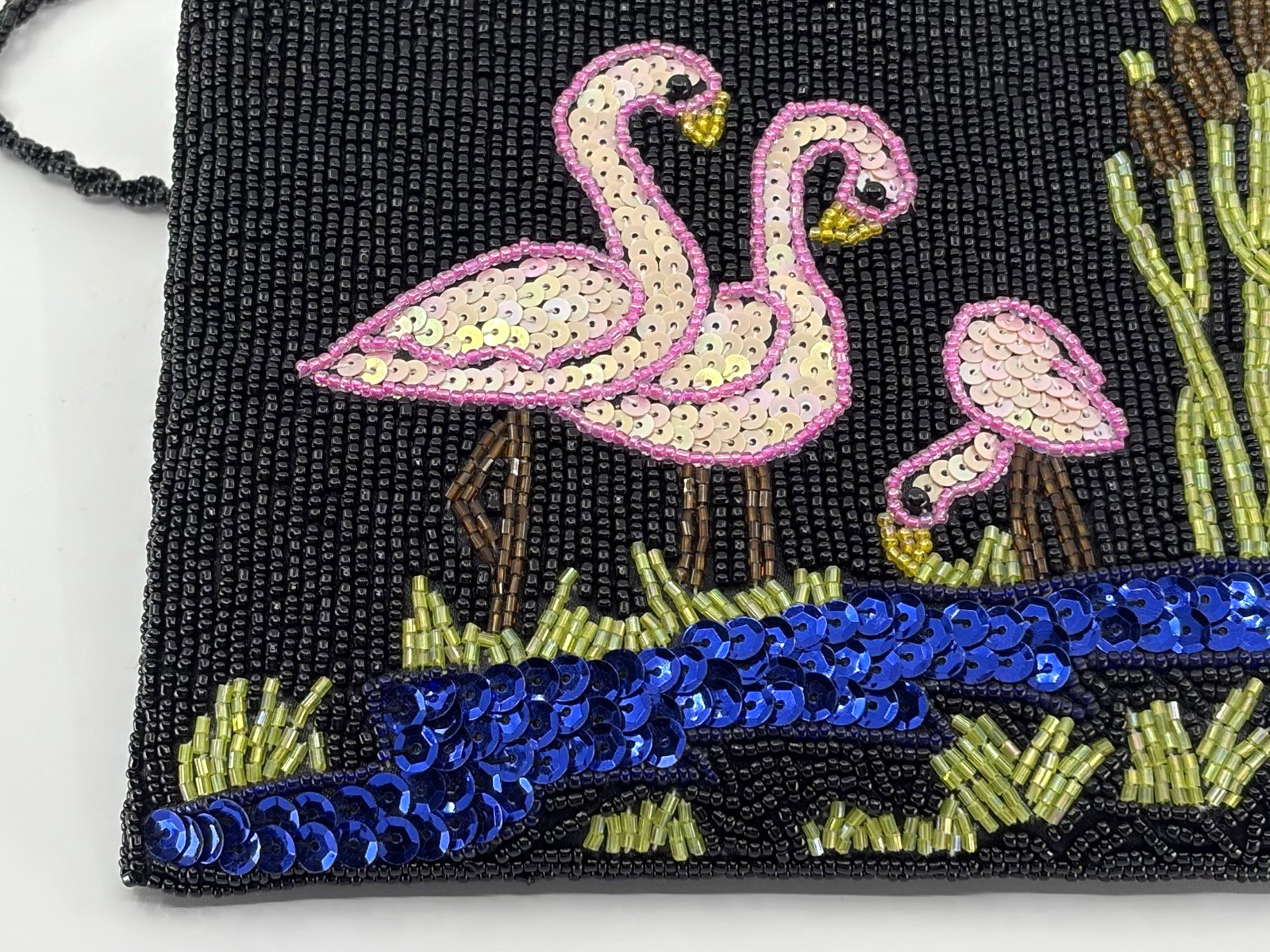 Tropical Black Beaded & Pink Sequin Flamingo Beachy Glam Crossbody Evening Bag