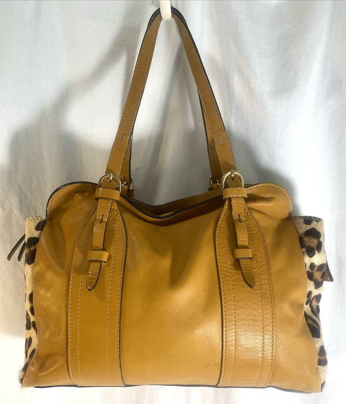 A Bellucci Handbags Leather & Pony Hair Satchel Golden Honey Brown Double Handle