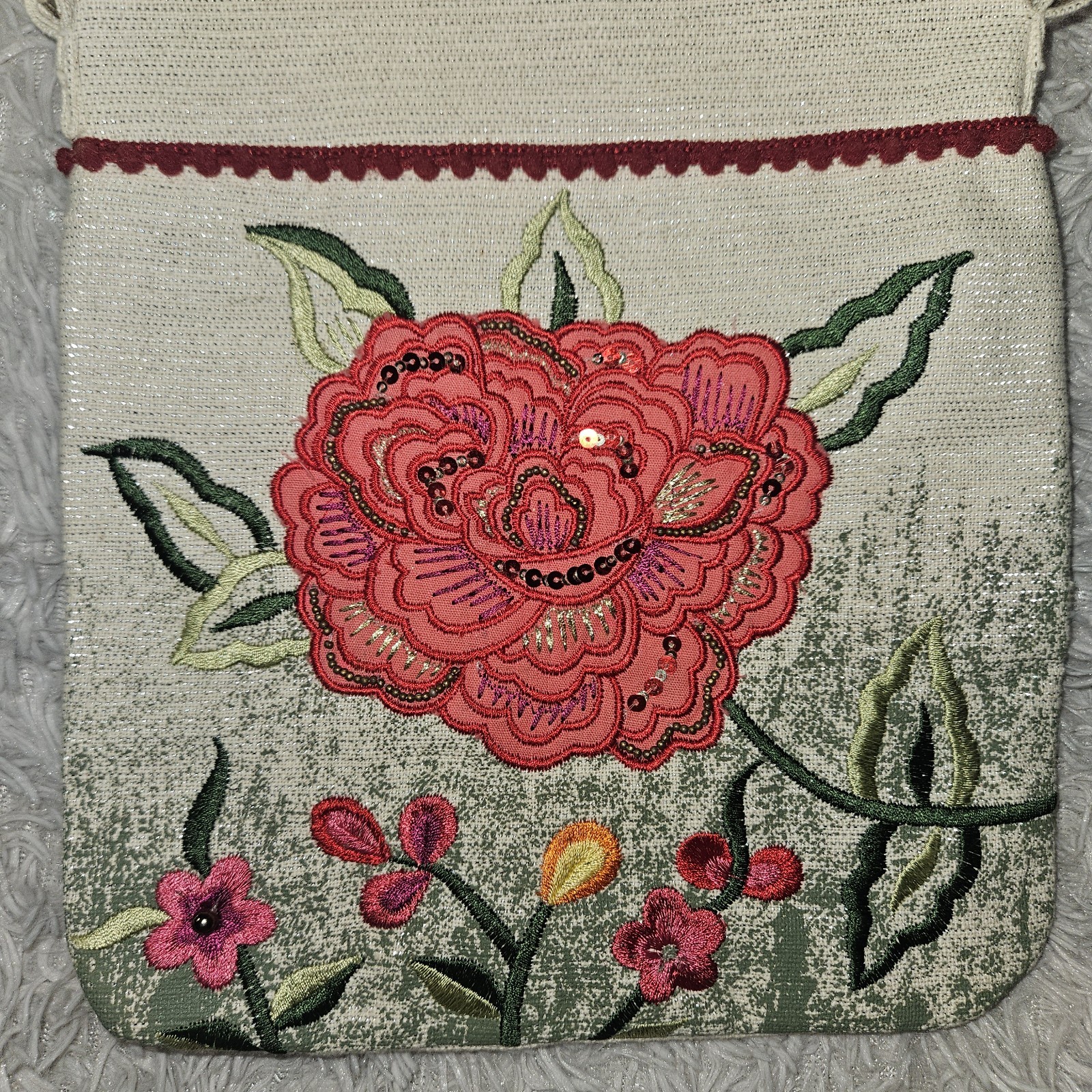 Embroidered Pink Rose Linen Crossbody Bag Purse Sequin Floral Metallic New
