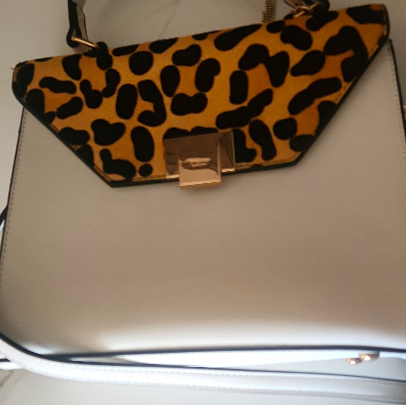 Dune London White Medium Satchel Top Handle Leopard Flap Turn Lock Det Strap