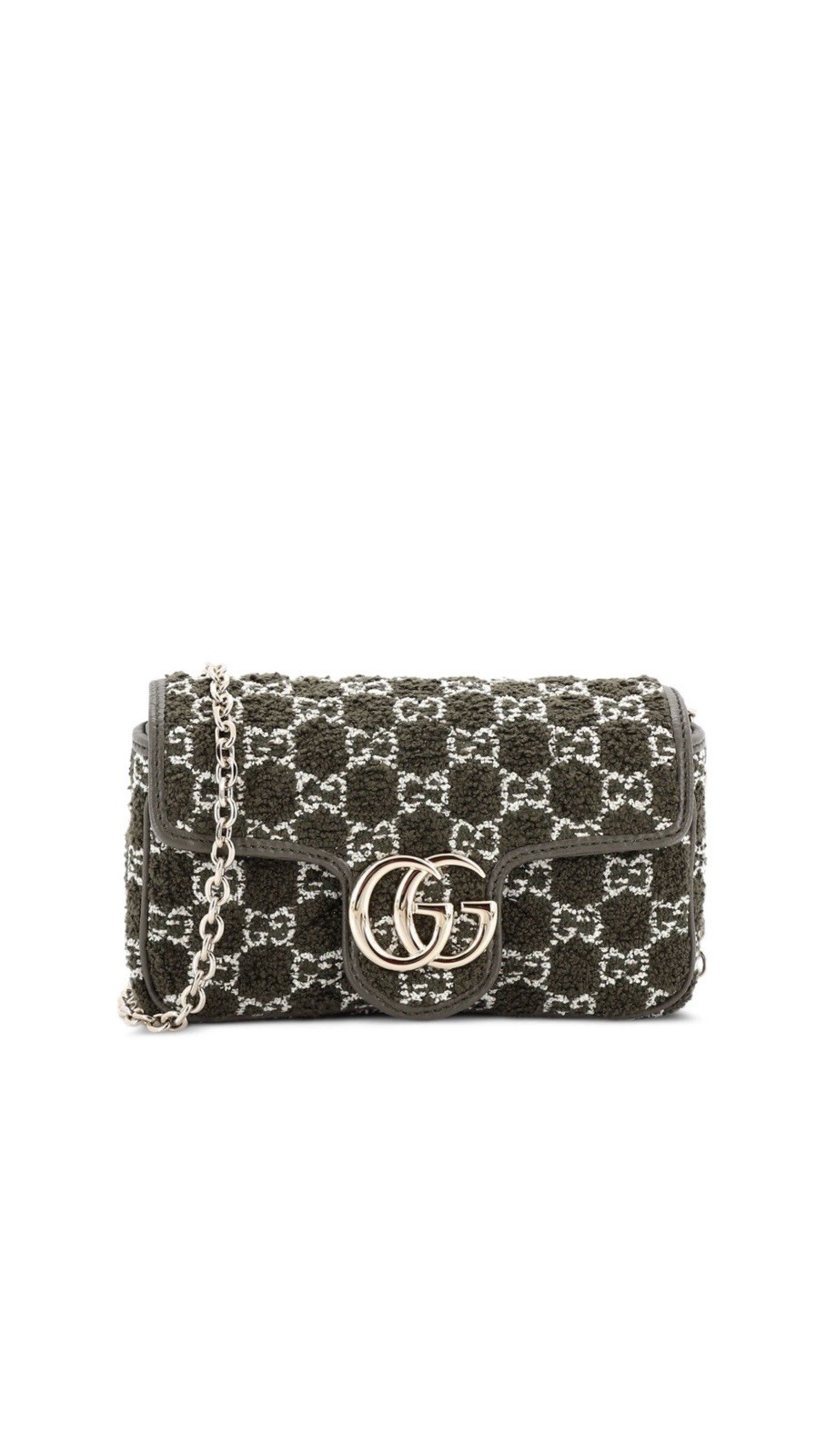 New Gucci Marmont GG Boucle tweed mini Crossbody bag, dark green, with chain