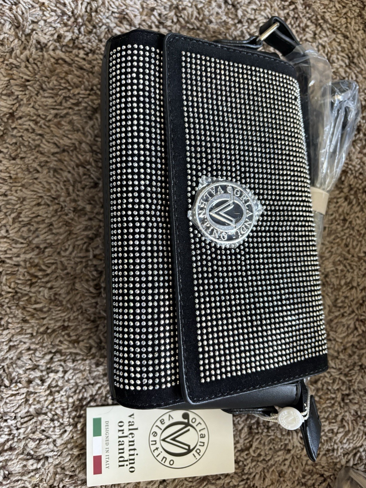 Rhinestone Studded Crossbody Shoulder Bag Valentino Orlandi Black Purse NWT