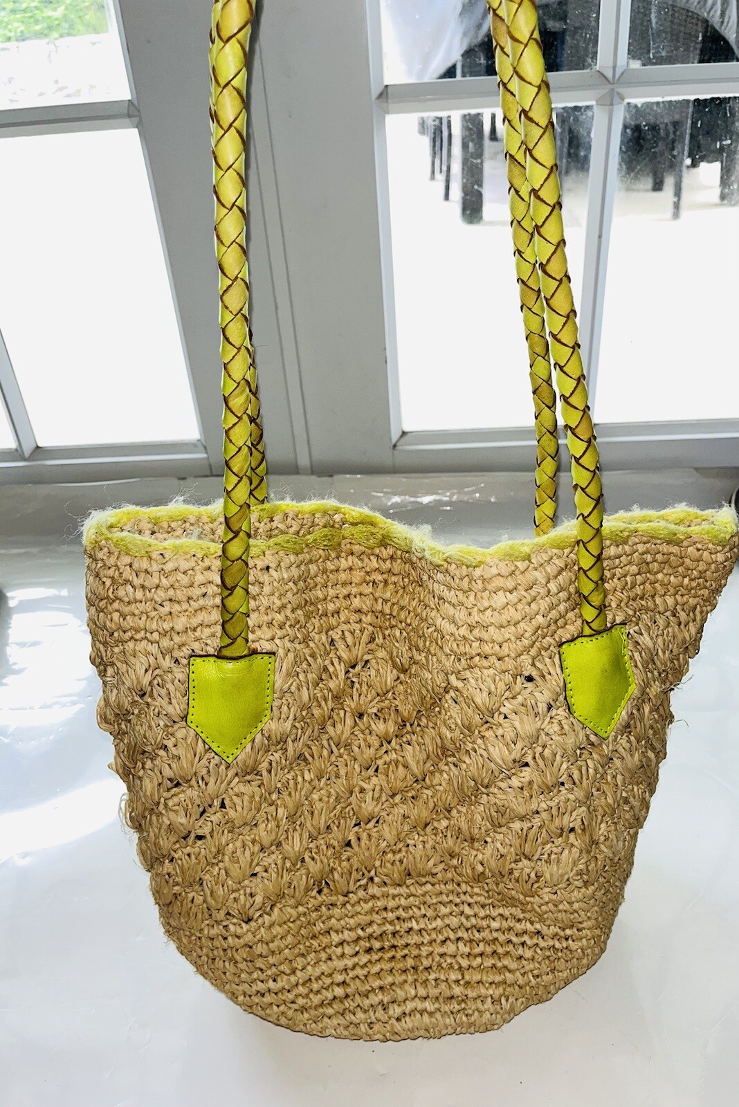Cleobella Straw Raffia Bag Beach With Chartreuse Braided Straps