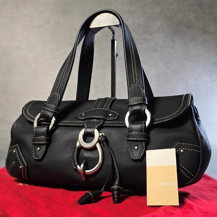 Bally Black Leather Hobo Bag Y2K Silver Hardware White Stitch Shoulder Bag