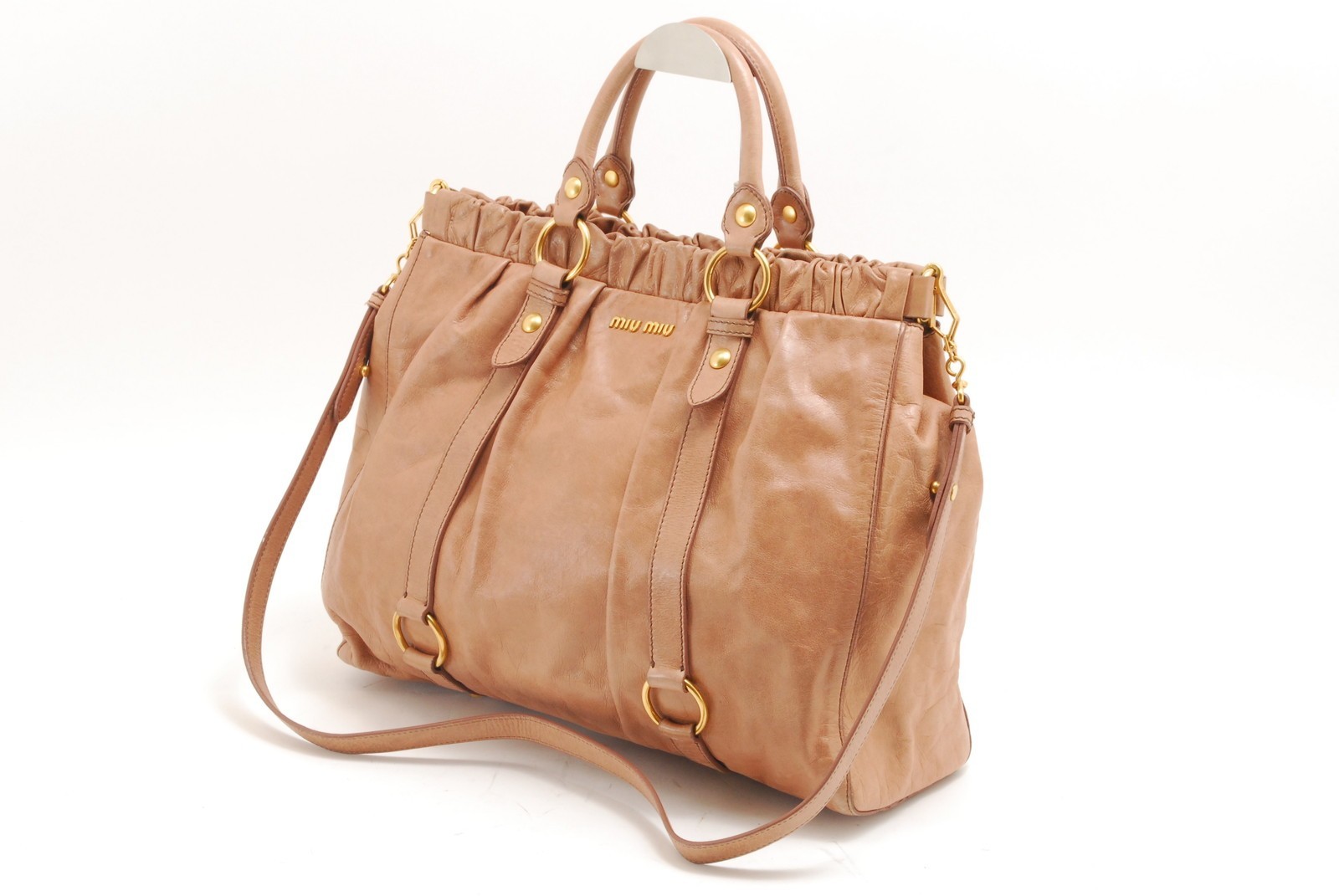 Miu Miu Vitello Lux Leather 2Way Shoulder Tote Bag Pink Beige Gold Hardware