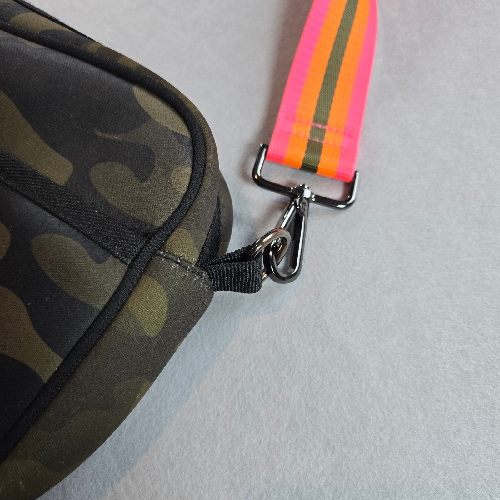 Haute Shore Drew Neoprene Camo Crossbody Bag Neon Pink Orange Stripe Camouflage