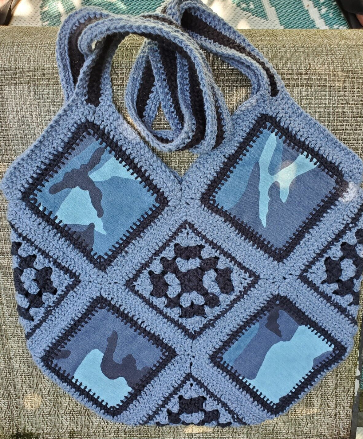 New Large Crochet Camouflage Fabric Yarn Fusion Bag 13 Granny SQ Boho Vintage