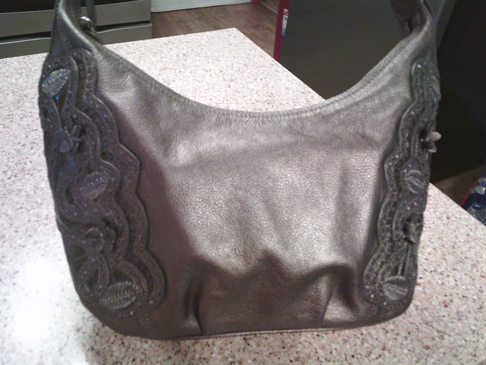 BRIGHTON METALLIC PEWTER HOBO WITH SILVER PLATED FLORAL LACE