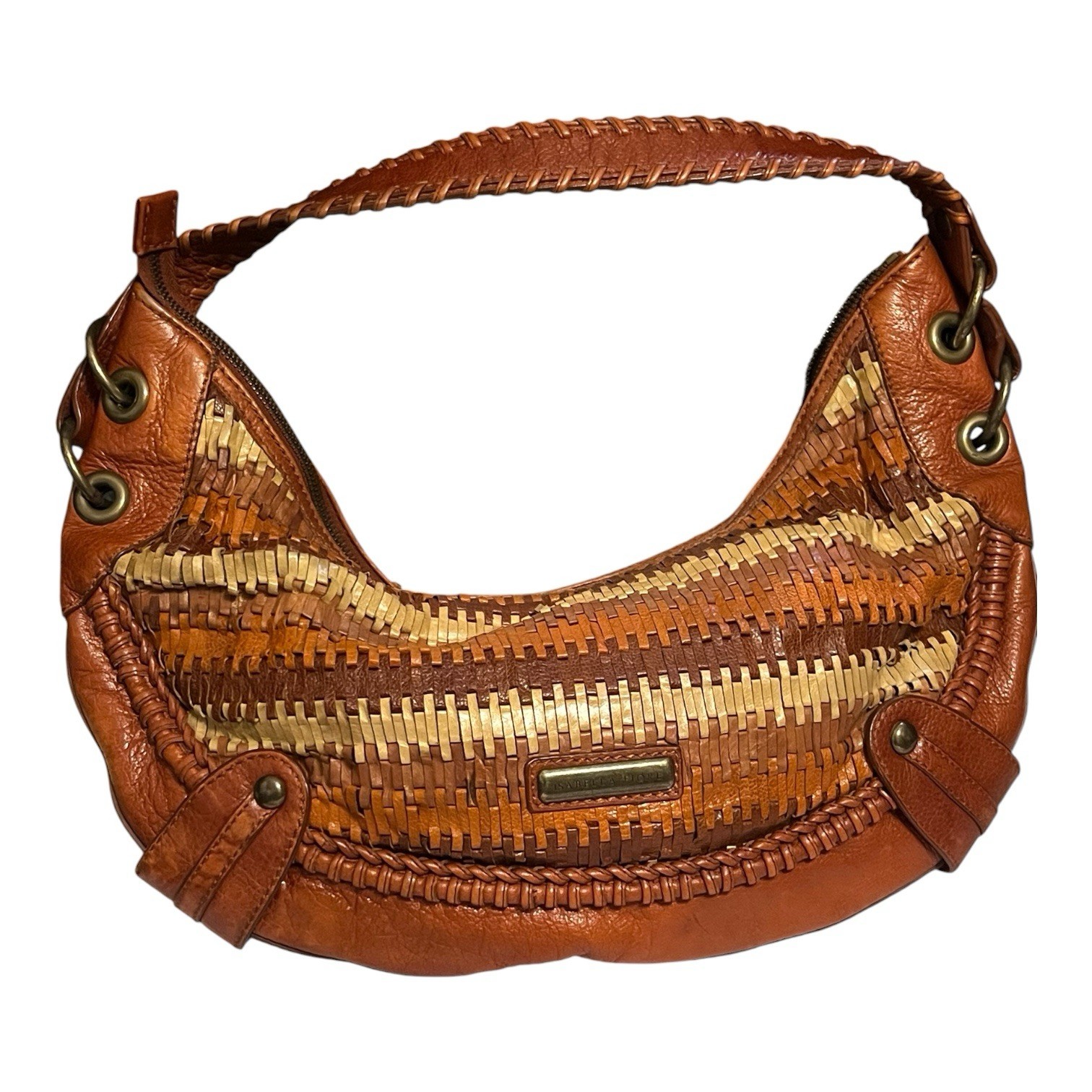 Isabella Fiore Birch Brown Woven Crescent Shoulder Bag Brass Hardware