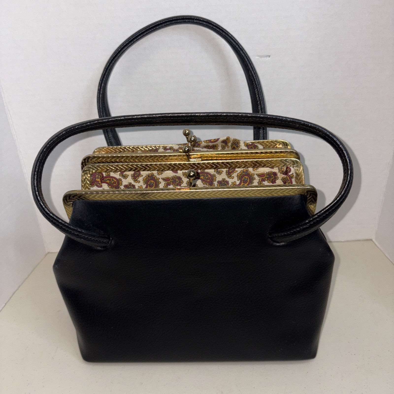 Women’s 1950’s Black Hard Structured Double Top Handle Bag Kiss Lock Paisley