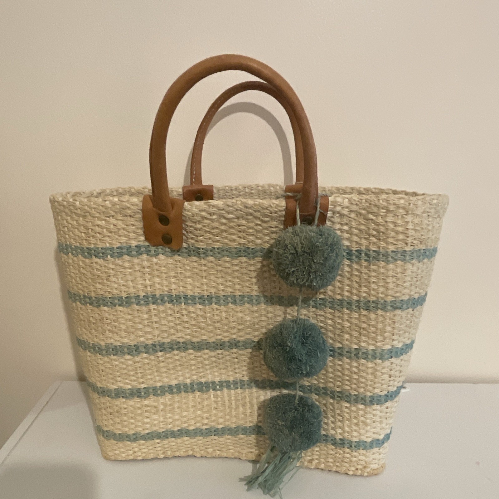 Mar y sol Beige Tybee Aqua Blue Striped Tote Bag Brown Leather Bag Beach