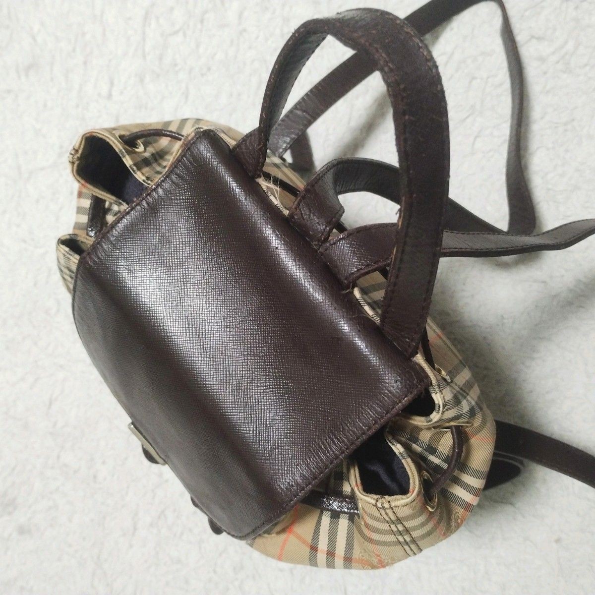 Burberry Nova Check Shadow Horse Canvas Leather Backpack Vintage Beige Brown