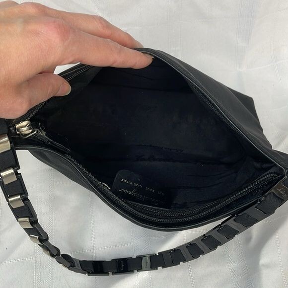 Salvatore Ferragamo Vara Chain Link Shoulder Bag Black Canvas Quiet Luxury