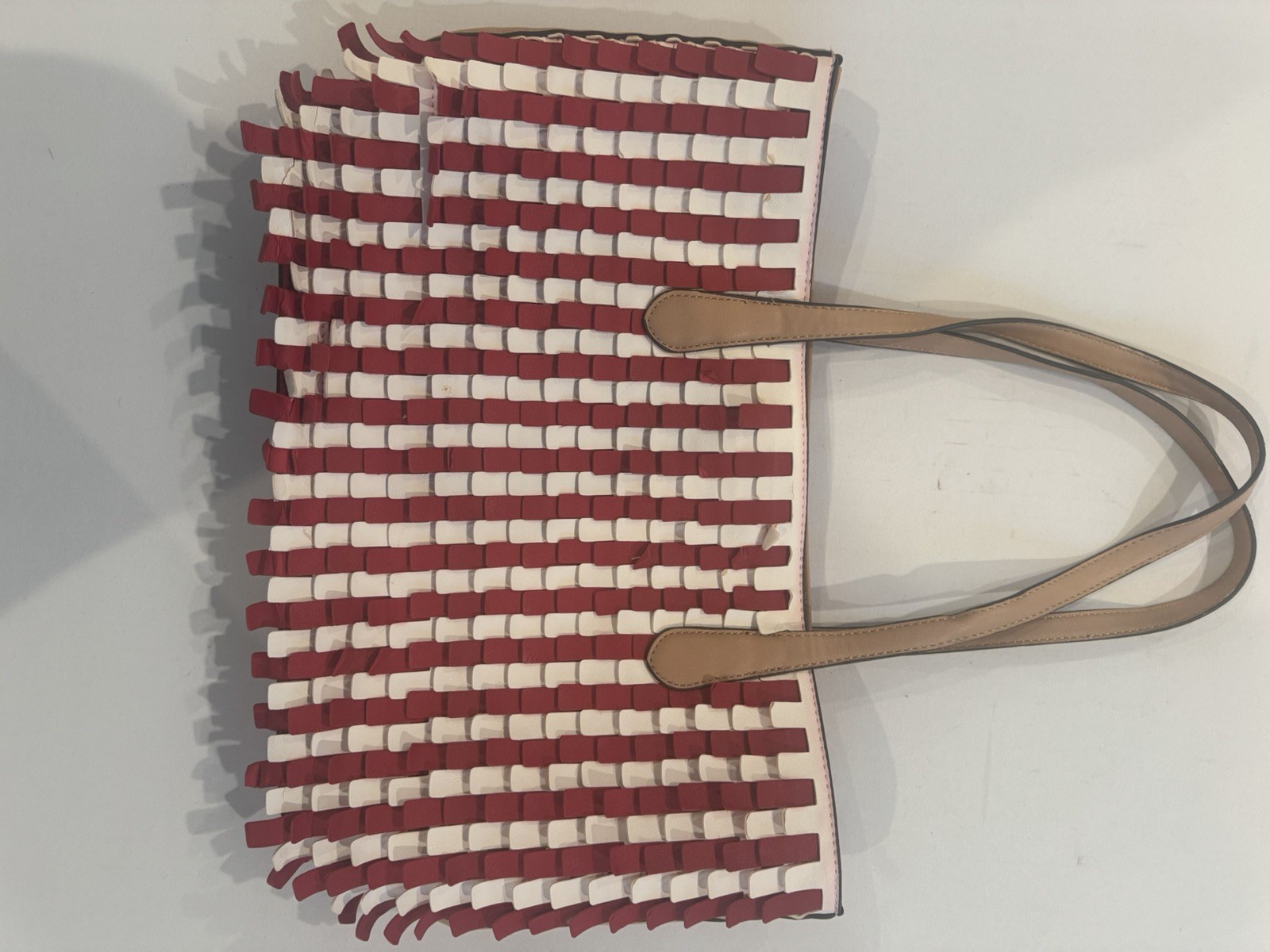Antonio Melani Short Fringed Red And White Large Bag With Tan And Gold Deatails