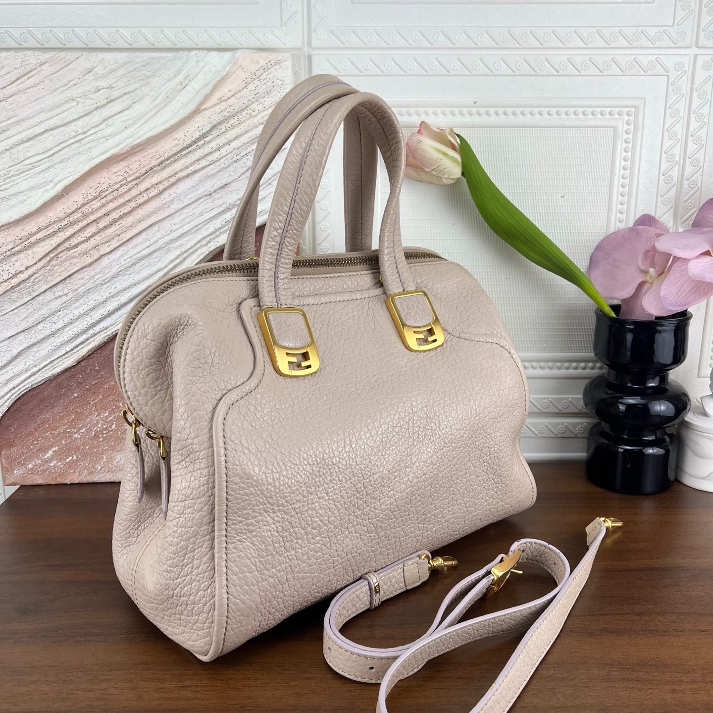 Authentic Fendi zippered milk tea color handbag with top handle shoulder strap