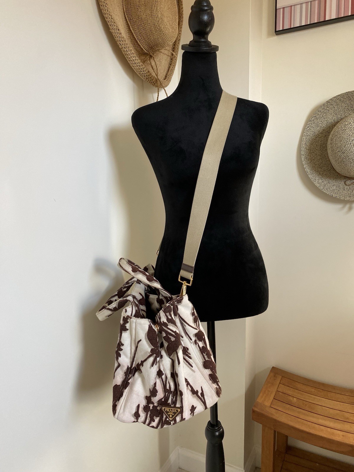 Prada Cream And Brown Floral Bag