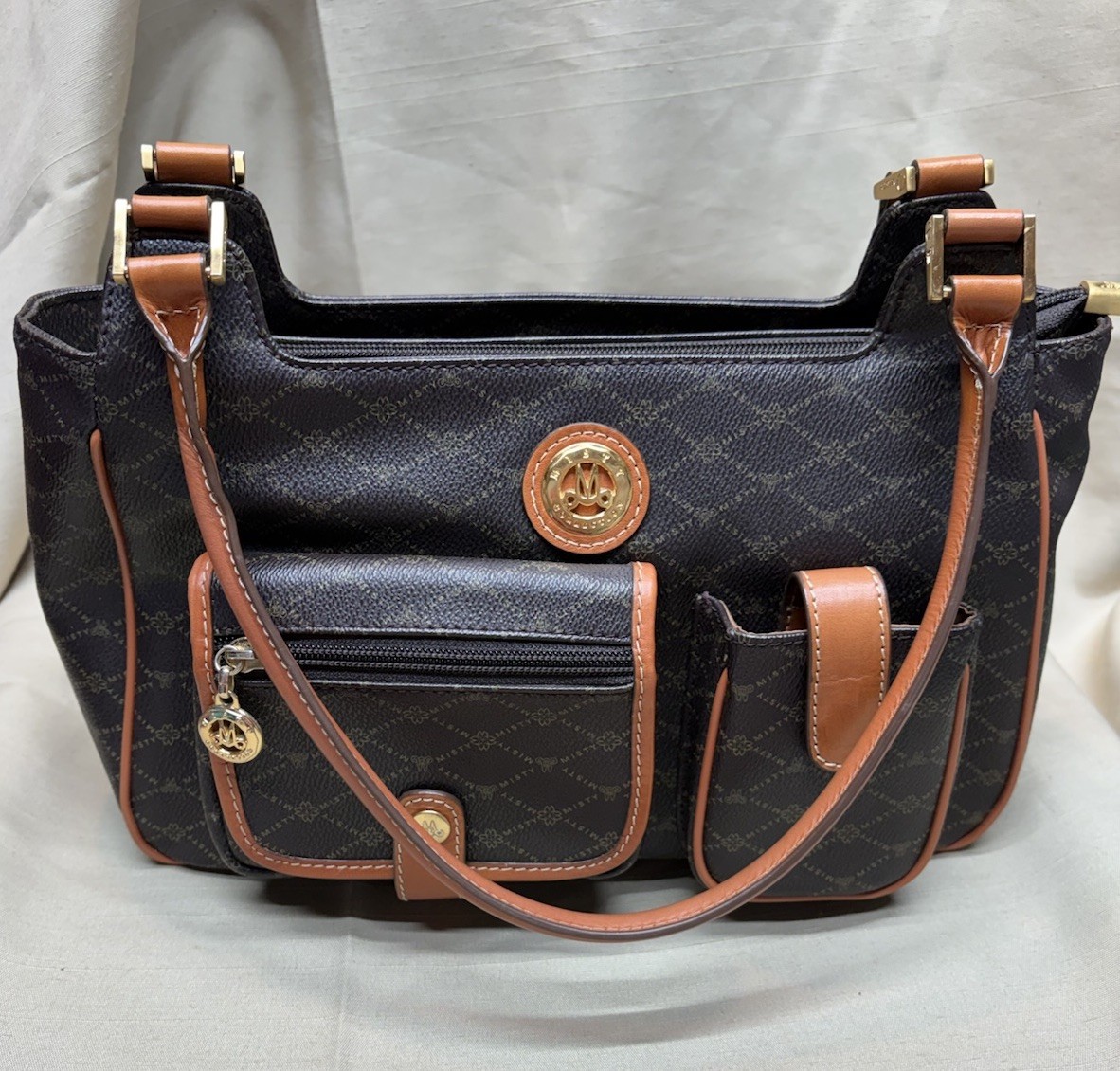 Misty Collection U.S.A. Brown Monogram Shoulder Bag with Gold-Tone Hardware