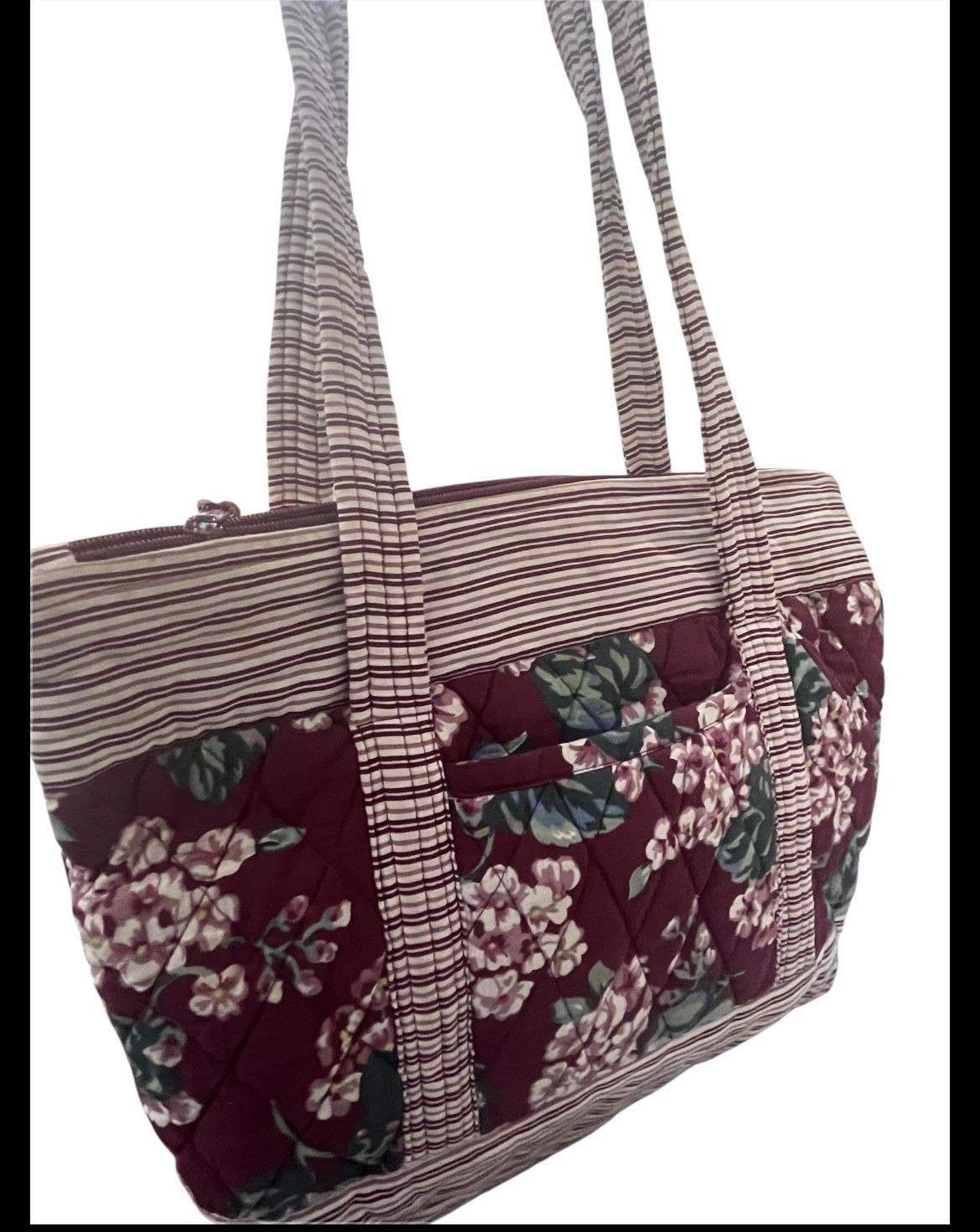 Handmade Quilted Floral Tote Bag Burgundy Cotton Shoulder Purse Zip Top Pocket
