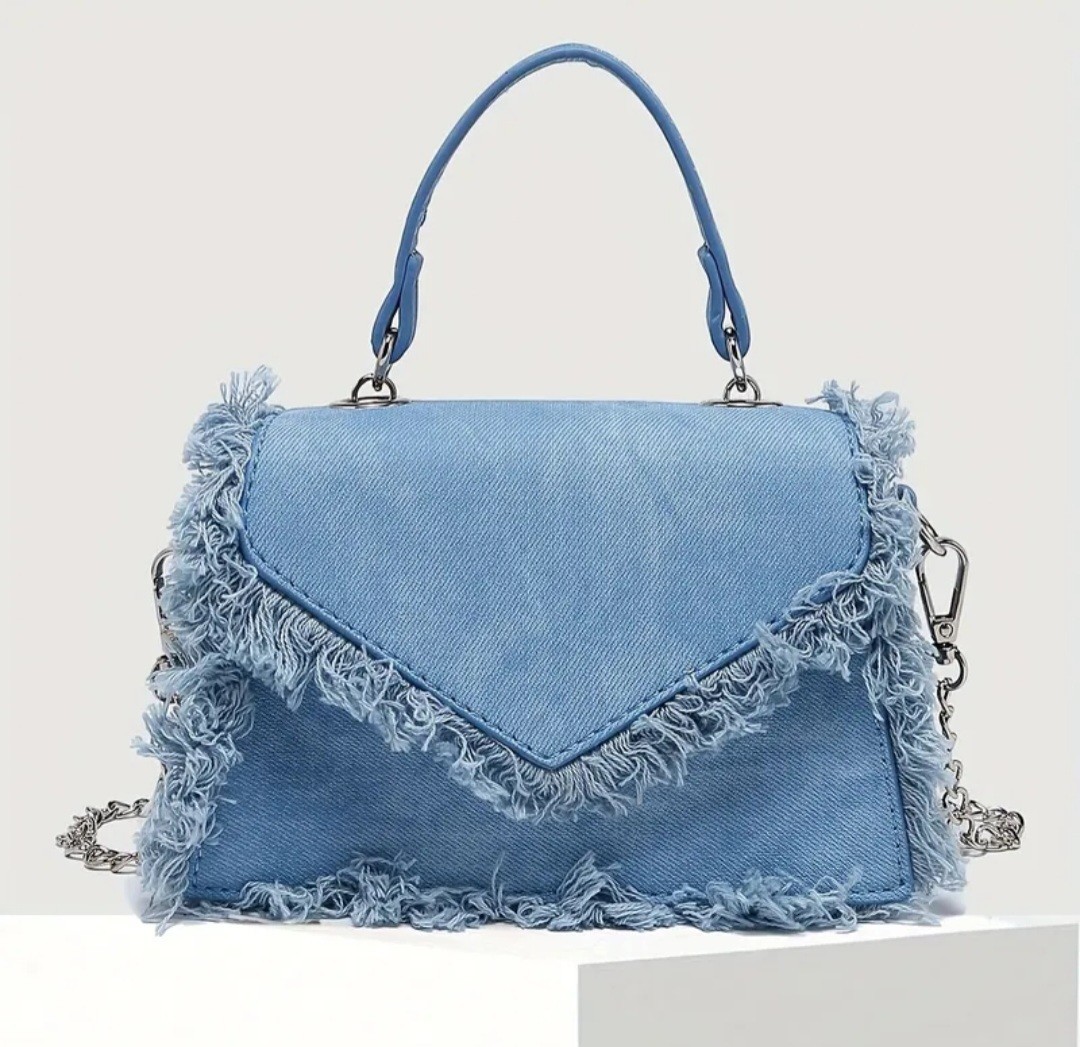 Vintage Look Square Denim Clutch Crossbody Chain Strap Fringed Edge Magnet Close
