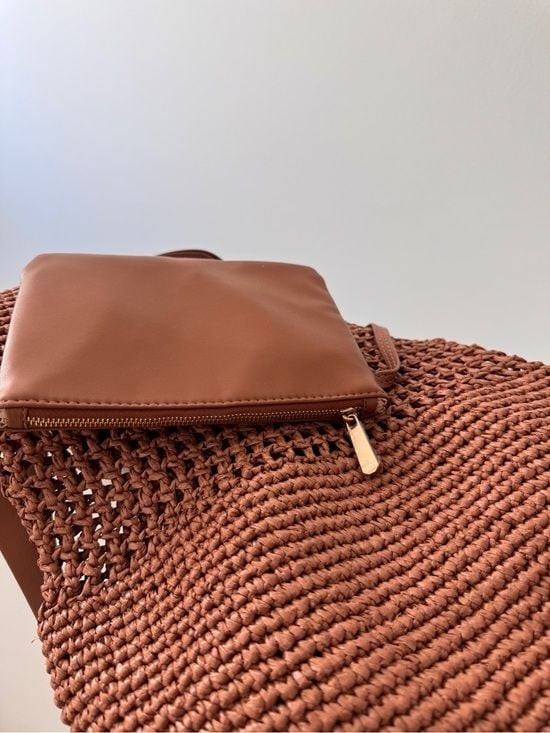 NWT Sam Edelman Brown Raffia Crochet Tote Crossbody Bag Removable Pouch