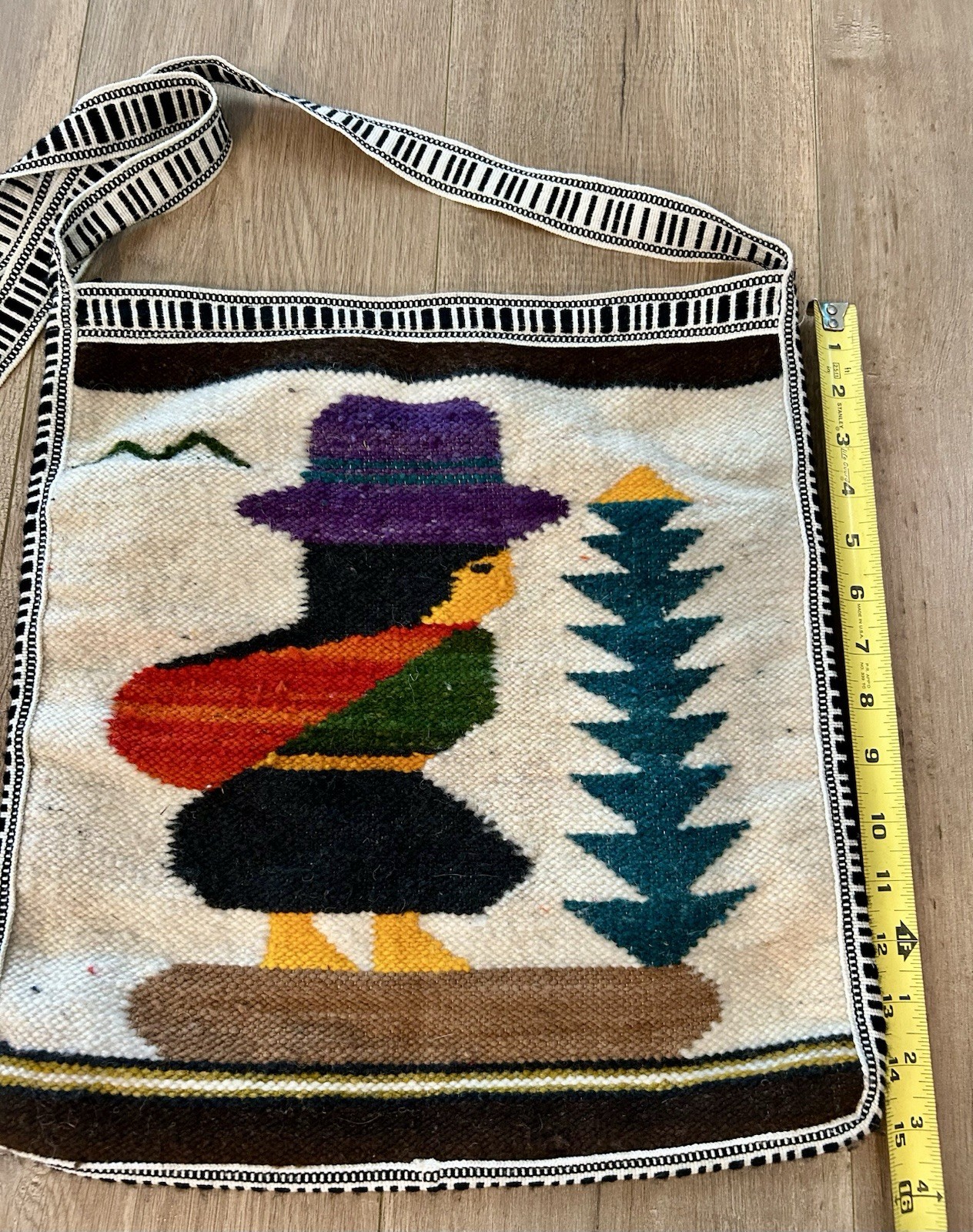 Vintage Peruvian Style Wool Tapestry Bag Folk Art Person Southwestern Boho Purse