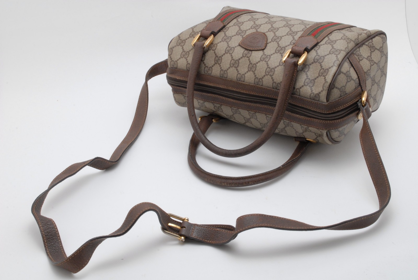 Gucci GG Supreme Web Stripe 2Way Boston Bag PVC Leather Shoulder Bag Beige