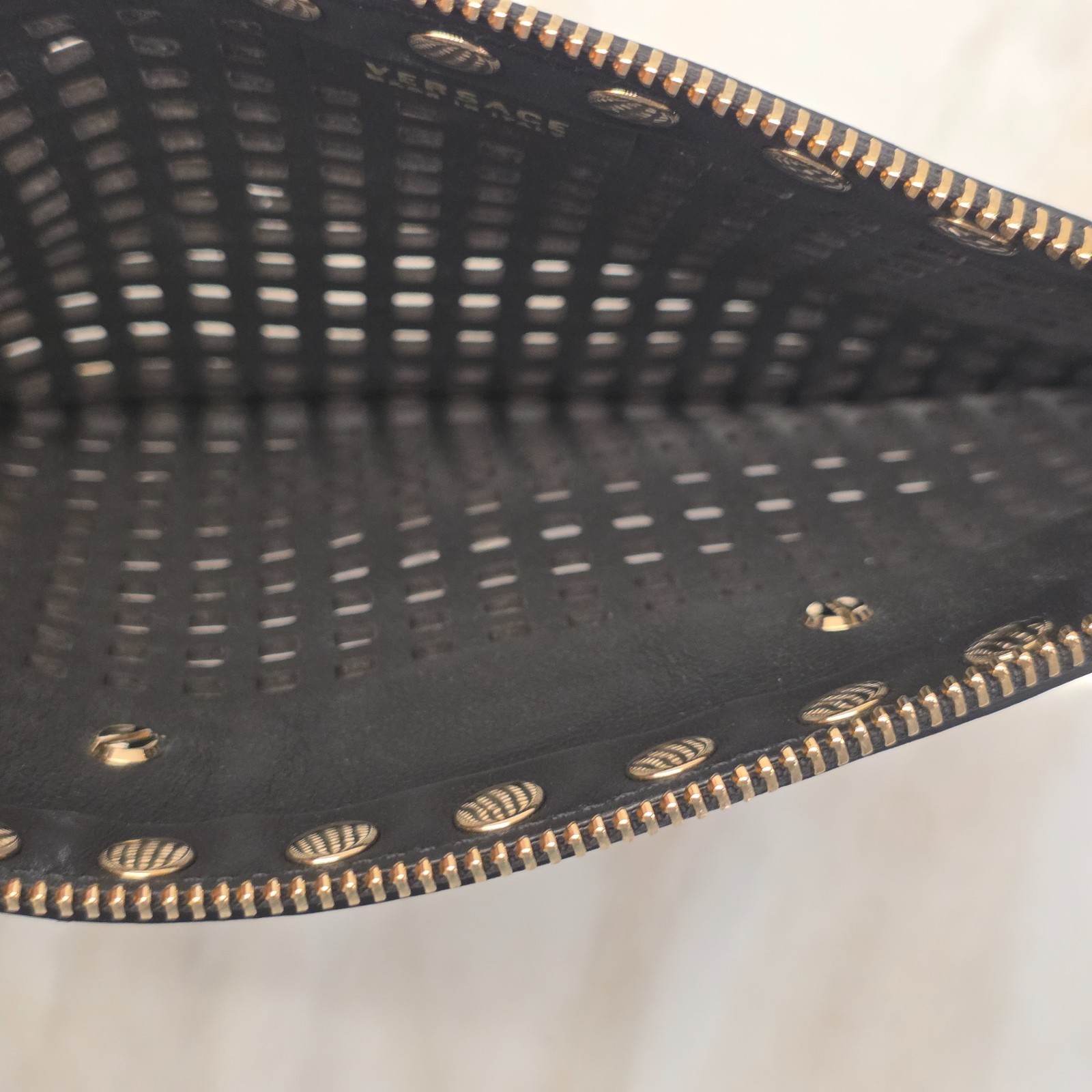 Versace Perforated Studded Black Calfskin Leather Wristlet Clutch – Gorgeous