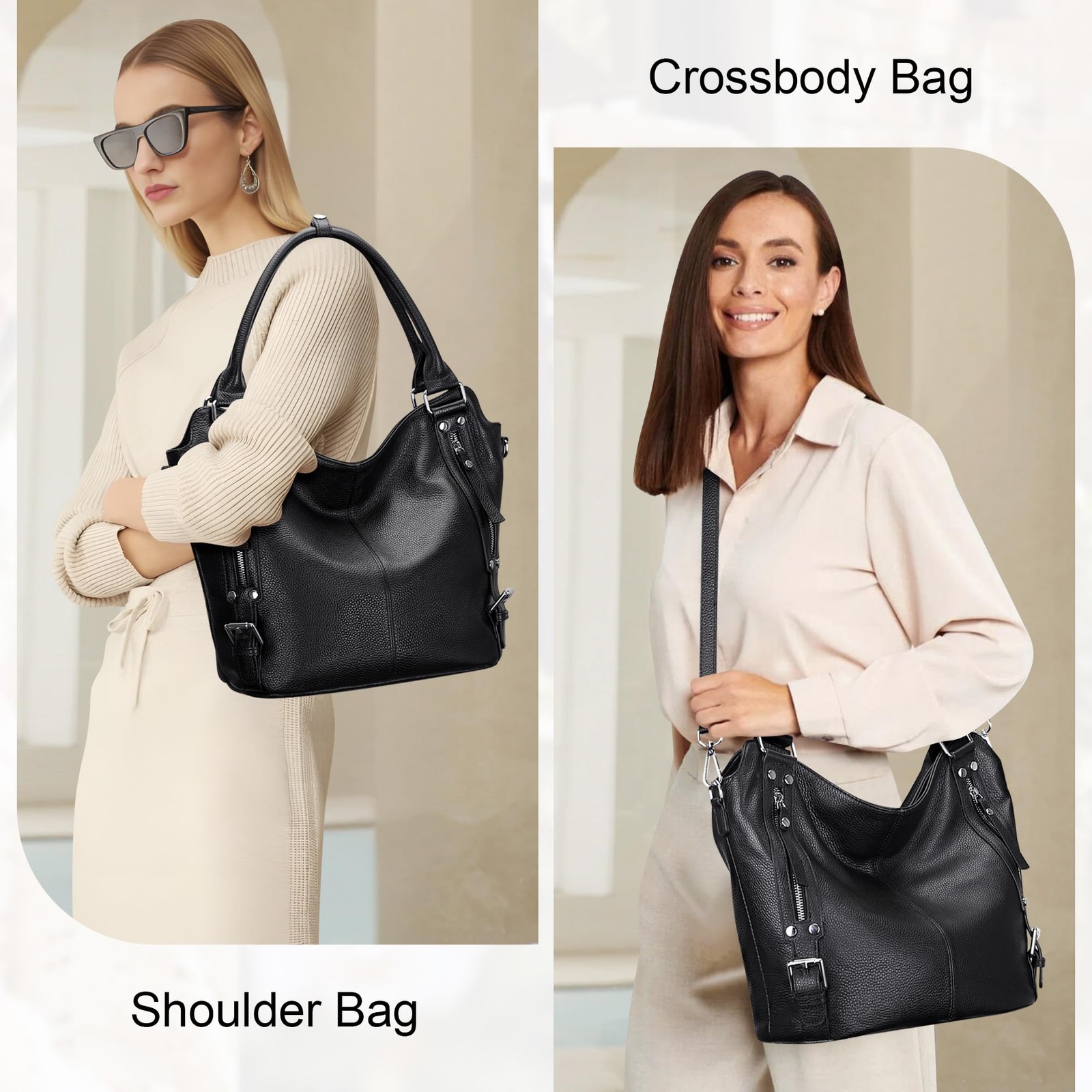 Genuine Leather Handbags for Hobo Shoulder Bags Ladies Tote Bag(O172E Black)