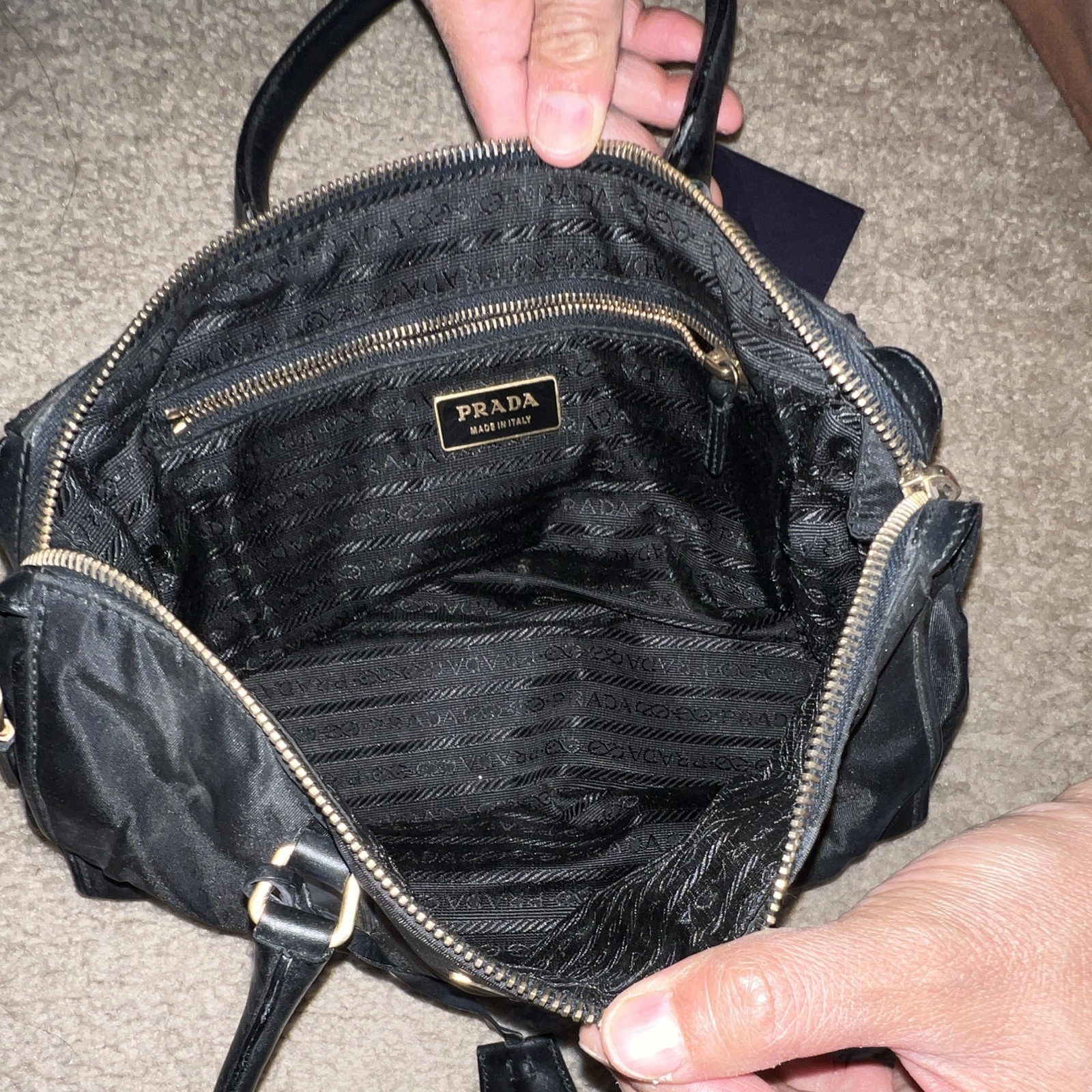 Prada Tessuto Black Top Handle Bag Logo Pattern Zip Gold Hardware Brand Card