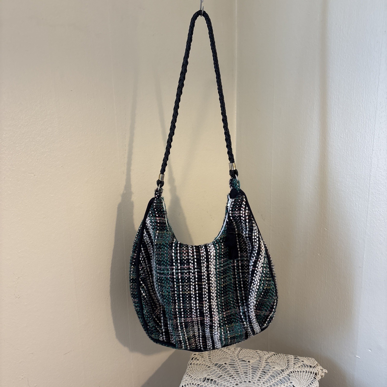 Crochet Azure Shoulder Bag Plaid Vintage Bag White Black Green Soft Y2K