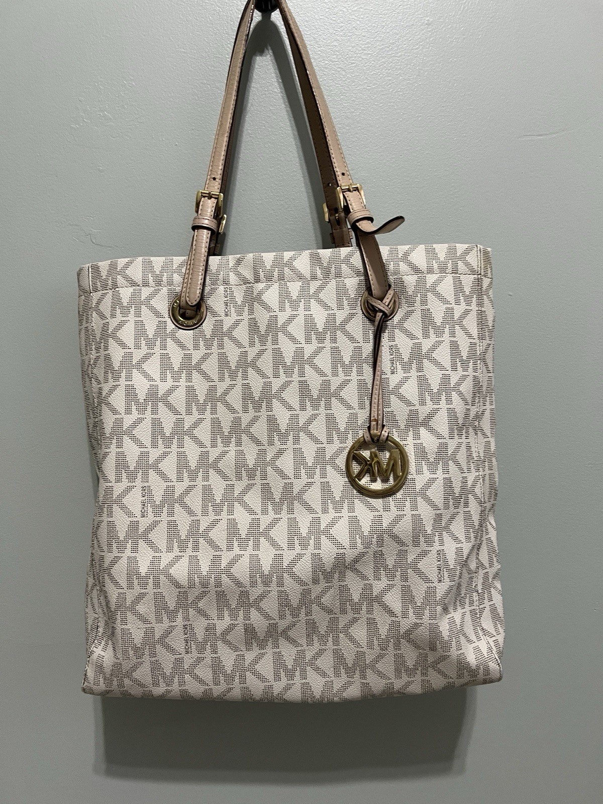 Michael Kors MK Signature Logo Large Tote Bag, Beige Gold Tone, Shoulder Bag