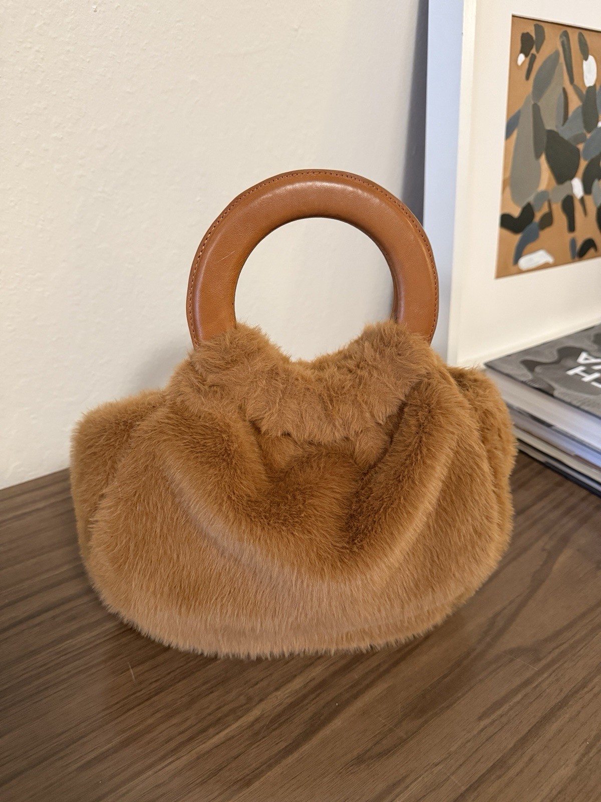 Argo Brown Satchel Top Handle Bag Snap Closure Blue Hardware Beige Lining