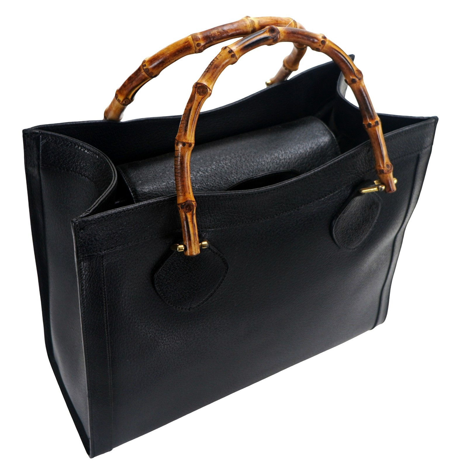 Authentic GUCCI Black Leather Diana Bamboo Shopper Tote Bag Italy Princess Fav